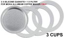 Replacement 3 Cups Silicone Gaskets + Filter for Aluminium Moka Coffee Makers
