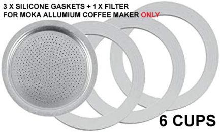 Replacement 6 Cups Silicone Gaskets + Filter for Aluminium Moka Coffee Makers